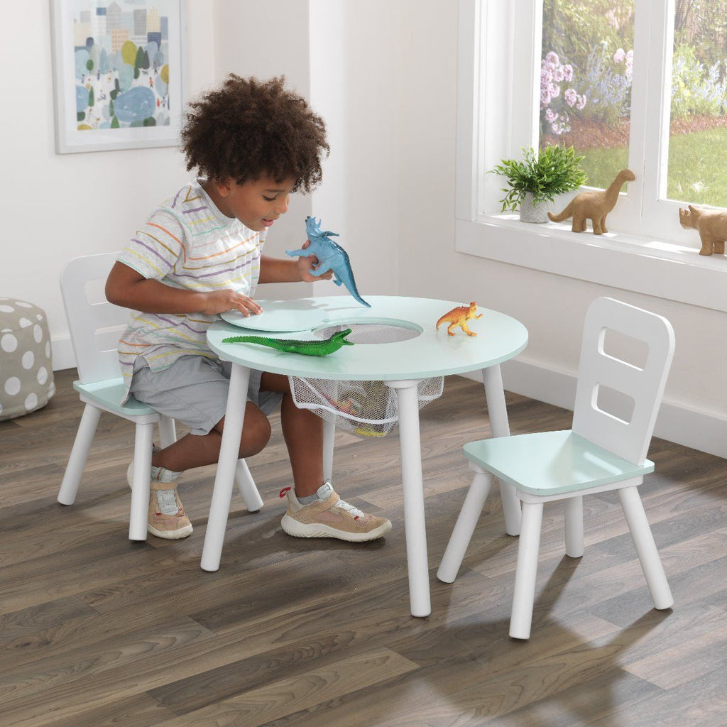 Kidkraft table and shop chairs with storage