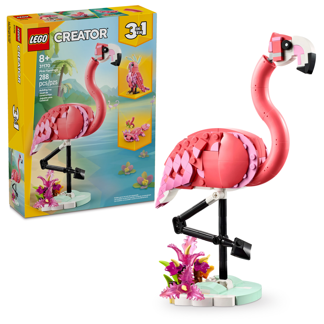 LEGO® Creator 3in1 Wild Animals: Pink Flamingo Animal Toy, Turns Into a Cockatoo or an Axolotl 31170