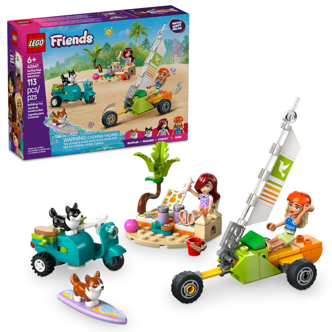 LEGO® Friends Surfing Dogs and Scooter Adventure Building Toy, Corgi Role Play with Surfboard 42641