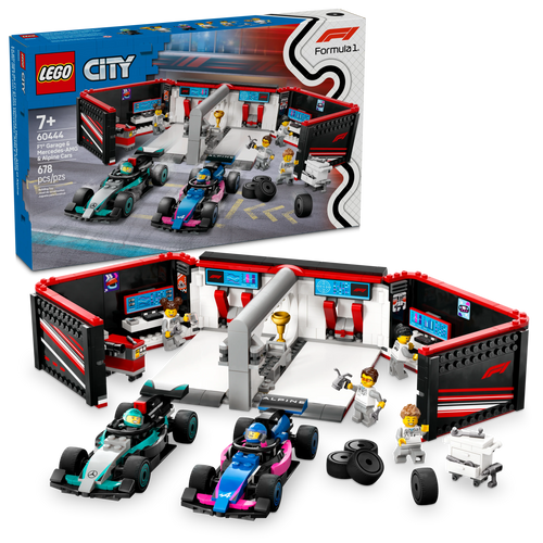 LEGO® City F1® Garage & Mercedes-AMG & Alpine Cars Toy Playset with 2 Race Vehicles 60444