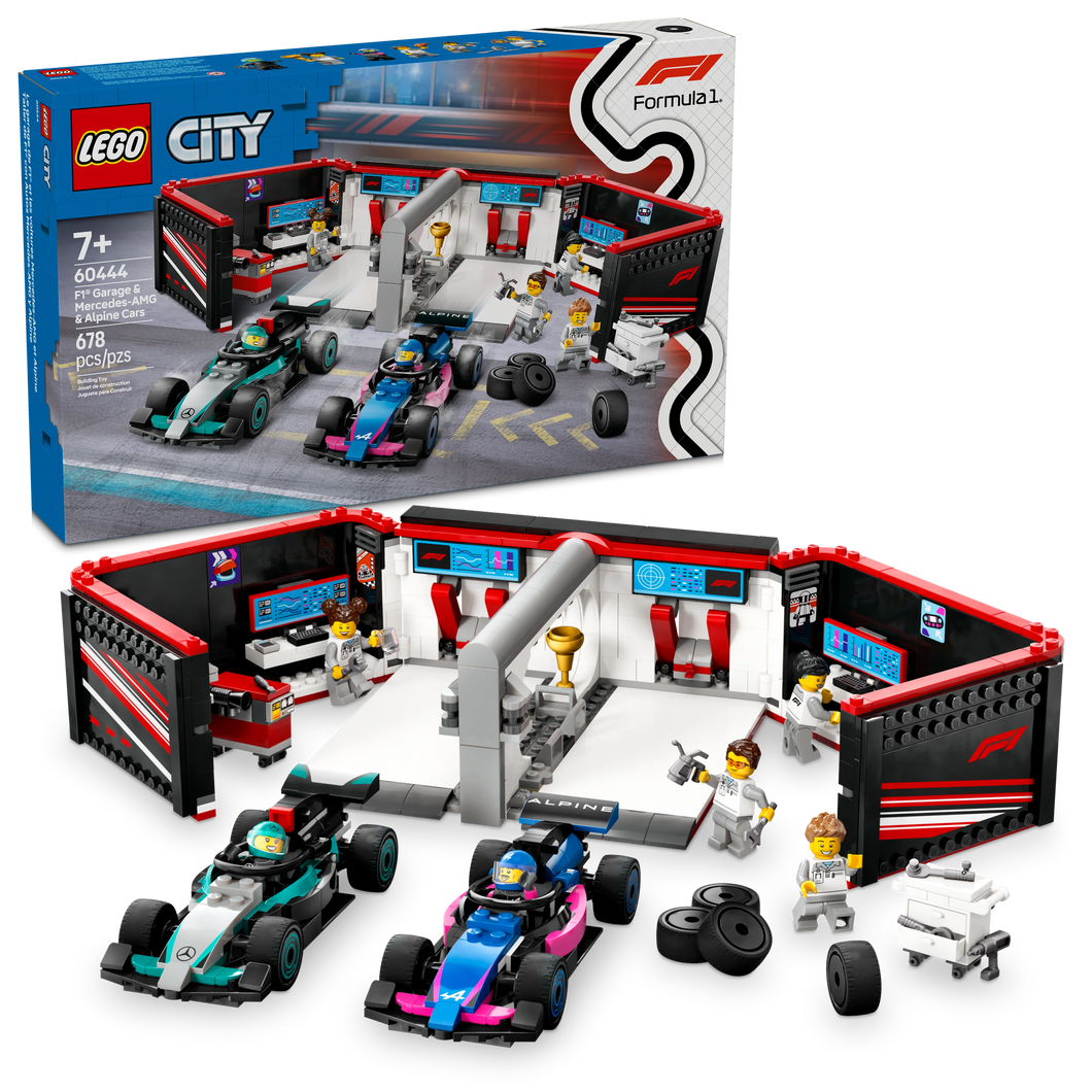 LEGO® City F1® Garage & Mercedes-AMG & Alpine Cars Toy Playset with 2 Race Vehicles 60444