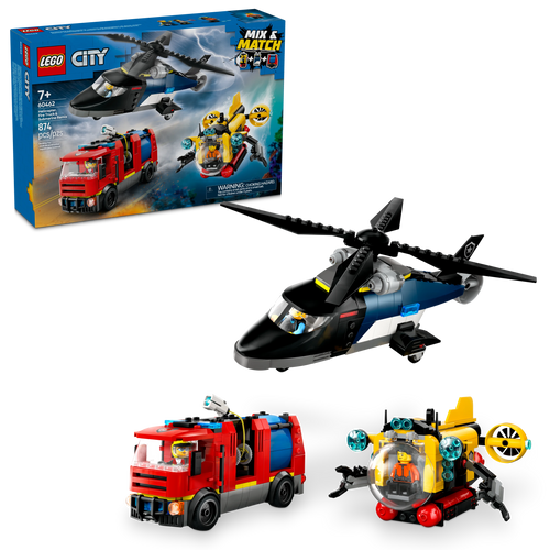 LEGO® City Helicopter, Fire Truck & Submarine Remix Toy Building Set for Kids Aged 7 and up 60462