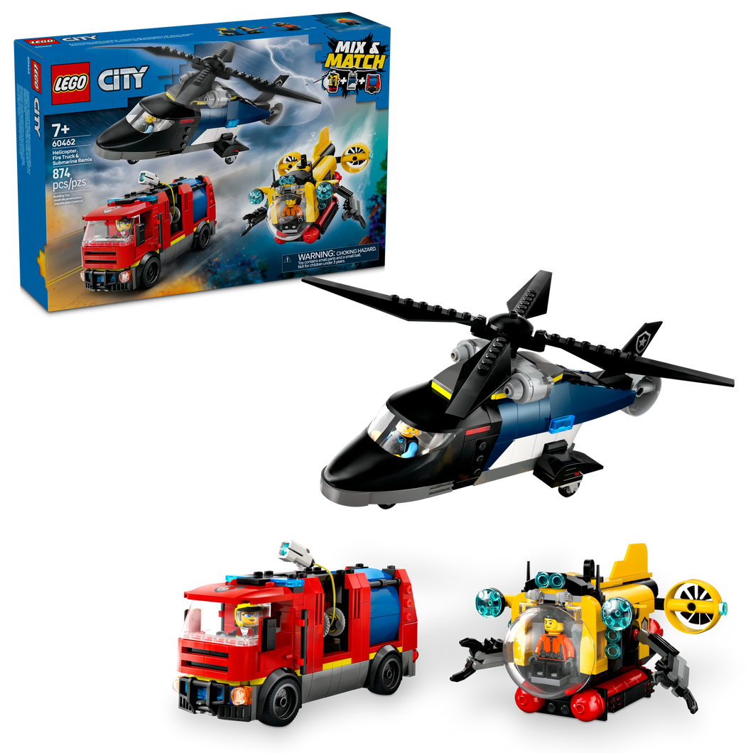 LEGO® City Helicopter, Fire Truck & Submarine Remix Toy Building Set for Kids Aged 7 and up 60462